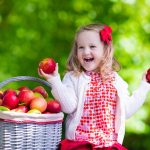 Little girl picking apples